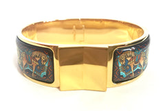 Vintage Hermes cloisonne enamel golden click and clack Flacon bangle with multicolor ethnic and horse design. Great gift idea.
