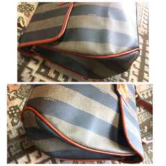 Vintage FENDI pecan stripe large handbag, purse with brown leather trimming and gold tone closure, Fendi classic bag.