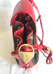 Vintage Yves Saint Laurent red and grey hobo bucket shoulder bag with leather trimmings and golden logo plate. YSL classic purse. 050323re6
