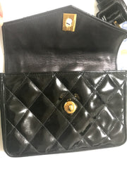 Vintage CHANEL black patent enamel leather waist purse, fanny pack with matching belt. Belt size 27.2” through 34.6”.(69cm through 88cm)