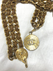 Vintage CHANEL triple layer golden chain and brown leather belt with CC and lion charms. Beautiful classic belt back in old era. R0410119