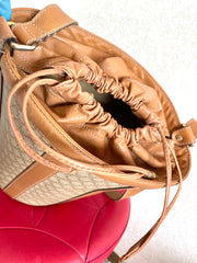 Vintage Celine round box shape hobo bucket shoulder purse in classic brown macadam blaison pattern with leather strap. 050111an1