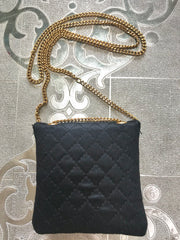 Vintage Chanel black quilted satin fabric mini pouch, coin purse, long necklace with golden chain and CC motif. Fiocci snap. 060516re2