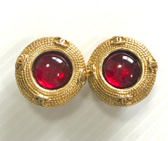Vintage CHANEL golden frame and red round gripoix glass stone earrings with CC marks. Beautiful jewelry piece.