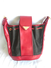 Vintage Yves Saint Laurent red and grey hobo bucket shoulder bag with leather trimmings and golden logo plate. YSL classic purse. 050323re6