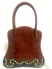 Vintage Christian Lacroix genuine wine brown suede leather sexy feminine shape bag with golden logo motif and studs. Hot purse. 0602062