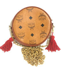 Vintage MCM brown monogram mini Suzy Wong chain shoulder purse with red fringes. Designed by Michael Cromer. Rare purse.