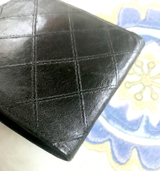80's vintage CHANEL black calfskin square stitched wallet, bill, card case. Unisex purse.