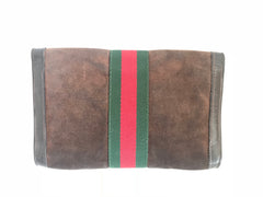 80's Vintage Gucci brown suede leather classic makeup, cosmetic, toiletry pouch, clutch purse with green and red webbing. Gucci Parfums.