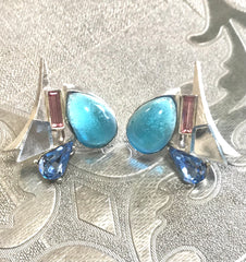 Vintage Christian Lacroix silver and blue earrings. Blue and pink crystal stones. Rare statement jewelry. Great gift. 0506302