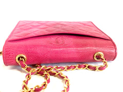 Vintage CHANEL hot pink genuine lizard leather envelop style flap shoulder bag with CC stitch mark and golden chain strap. Rare masterpiece. 050316r2