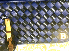 Vintage Bally black and blue enamel intrecciato design leather clutch purse, mini bag. Unique purse with golden B logo charm.