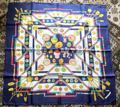 Vintage HERMES Carre navy silk scarf with yellow, pink, green, and multicolor medal and princess etc print. Petite main. 050407r9