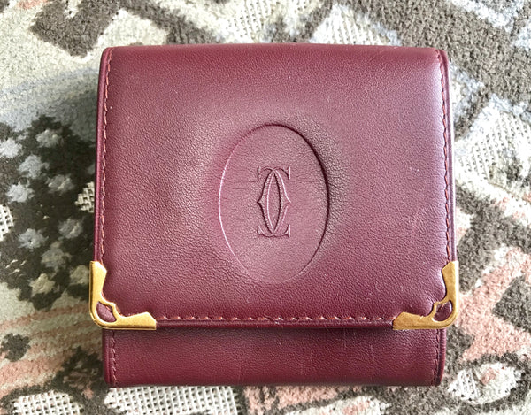 Vintage Cartier genuine wine leather coin case purse with gold