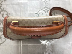 Vintage Celine beige macadam blaison handbag with brown leather trimming. Classic purse. Shoulder bag.