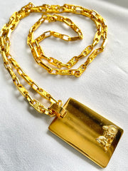 Vintage Celine golden long necklace with blaison macadam charms and square plate with embossed logo and carriage. 041032