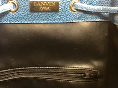 Vintage LANVIN blue grained leather hobo bucket shoulder bag with golden logo motifs. 070502re1