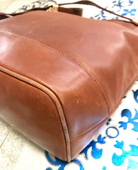 1990s. Vintage Bottega Veneta brown leather shoulder tote bag with logo embroidery. Claissic daily use bag.