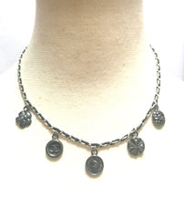 MINT. Vintage CHANEL skinny silver chain necklace with symbolic coin charms and black leather. Can be bracelet too. 060531r1
