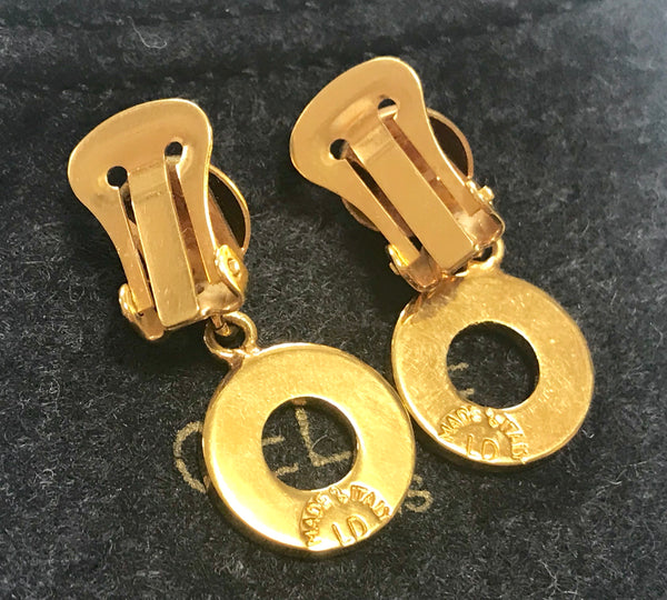 CELINE Earrings AUTH logo Chain Rare Vintage Gold Coin Circle Medal F/S