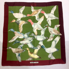 Vintage HERMES Carre silk scarf wine red, olive green, and various wild ducks, migratory birds print. Classic foulard. Perfect gift.