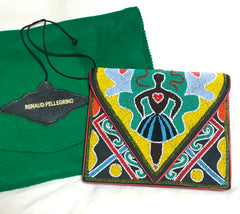 Vintage Renaud Pellegrino colorful and ethnic design beaded clutch bag, shoulder bag. One of a kind handmade masterpiece. Made in France.