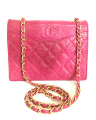 Vintage CHANEL hot pink genuine lizard leather envelop style flap shoulder bag with CC stitch mark and golden chain strap. Rare masterpiece. 050316r2