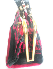 Vintage Roberta di Camerino wine red, grey, and black geometric pattern velvet handbag with golden logo charms. 060905r6