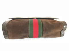 80's Vintage Gucci brown suede leather classic makeup, cosmetic, toiletry pouch, clutch purse  with green and red webbing. Gucci Parfums.