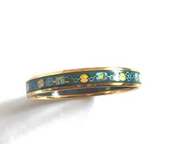 Ves. Vintage Hermes cloisonne enamel bangle with green, yellow, and blue. Charm and chain design. 050320r7