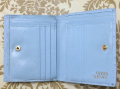 Vintage Gianni Versace ostrich-embossed light blue leather wallet with golden sunburst charm. Coin purse, card,bill case. Best gift
