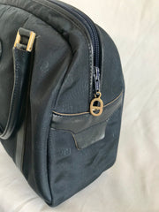 Vintage Christian Dior navy handbag with logo jacquard nylon and leather trimmings. Classic purse. 0506288e