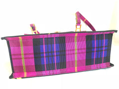 MINT. Vintage Gianni Versace pink tartan check and arabesque design shoulder bag, Kelly bag with golden sunburst motifs.
