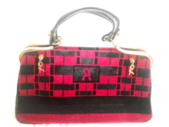 Vintage Roberta di Camerino wine red, grey, and black geometric pattern velvet handbag with golden logo charms. 060905r6
