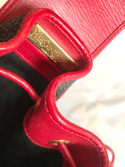Vintage Yves Saint Laurent red and grey hobo bucket shoulder bag with leather trimmings and golden logo plate. YSL classic purse. 050323re6