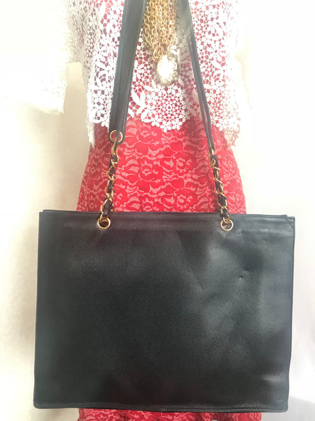 Vintage Chanel extra large red CC caviar leather tote bag