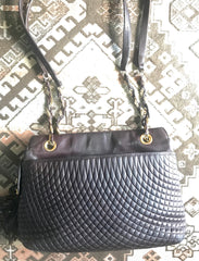 Vintage Bally quilted dark brown leather chain mix shoulder bag, tote bag with chain straps and a tassel to the zipper.