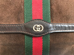 80's Vintage Gucci brown suede leather classic makeup, cosmetic, toiletry pouch, clutch purse with green and red webbing. Gucci Parfums.