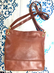1990s. Vintage Bottega Veneta brown leather shoulder tote bag with logo embroidery. Claissic daily use bag.
