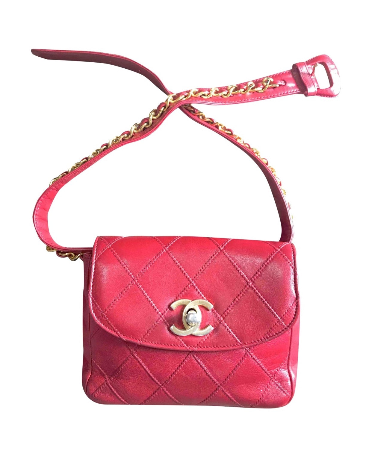 Vintage CHANEL red leather 2.55 waist purse, fanny pack, hip bag with gold CC closure and chain belt. Belt 28”- 33”(71cm~77cm).