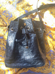 80's vintage BALLY genuine black ostrich leather hobo bucket shoulder bag with golden B logo and drawstrings.