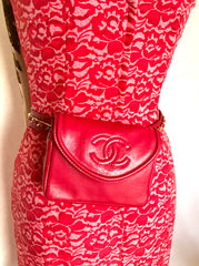 Vintage CHANEL red leather belt bag, fanny pack with detachable chain belt and CC stitch mark on flap.  Fits 29.5" through 32.8"