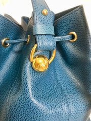 Vintage LANVIN blue grained leather hobo bucket shoulder bag with golden logo motifs. 070502re1