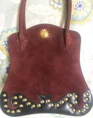 Vintage Christian Lacroix genuine wine brown suede leather sexy feminine shape bag with golden logo motif and studs. Hot purse. 0602062