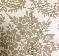 Vintage LANVIN golden skinny chain necklace with heart logo charm pendant top with clear crystals and blue crystal. 05063010