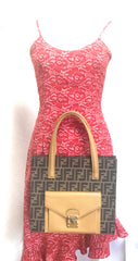 Vintage FENDI classic logo pecan jacquard and mustard yellow epi leather tote bag with golden closure at front.