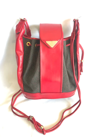 Vintage Yves Saint Laurent red and grey hobo bucket shoulder bag with leather trimmings and golden logo plate. YSL classic purse.