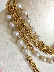 Vintage CHANEL double layer long chain necklace with faux pearls. Classic and Gorgeous masterpiece for the rest of your life.
