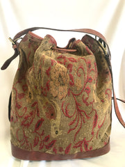 Vintage Mulberry khaki and wine brown gabeline weave fabric hobo bucket shoulder bag with leather trimming. Made in England. 050320r12