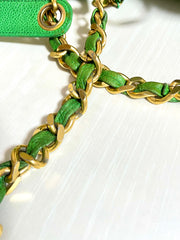 Vintage CHANEL green caviar leather hobo bucket shoulder bag with golden chain strap, drawstrings, and CC stitch mark. 041206an11